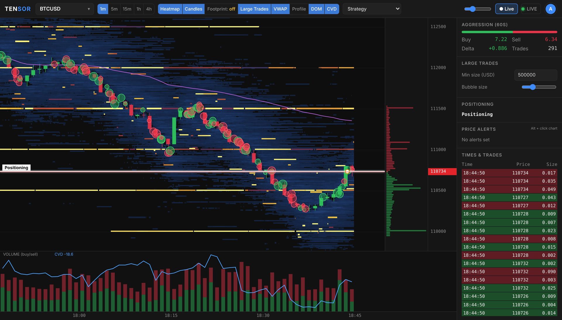 TENSOR chart: order book heatmap, candles, large trades, DOM and volume with CVD